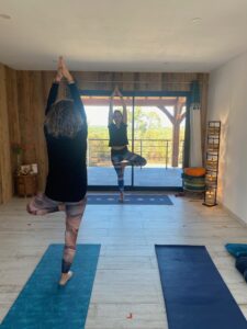 Cours particulier de yoga face à la forêt, enseignement de la posture de l'arbre